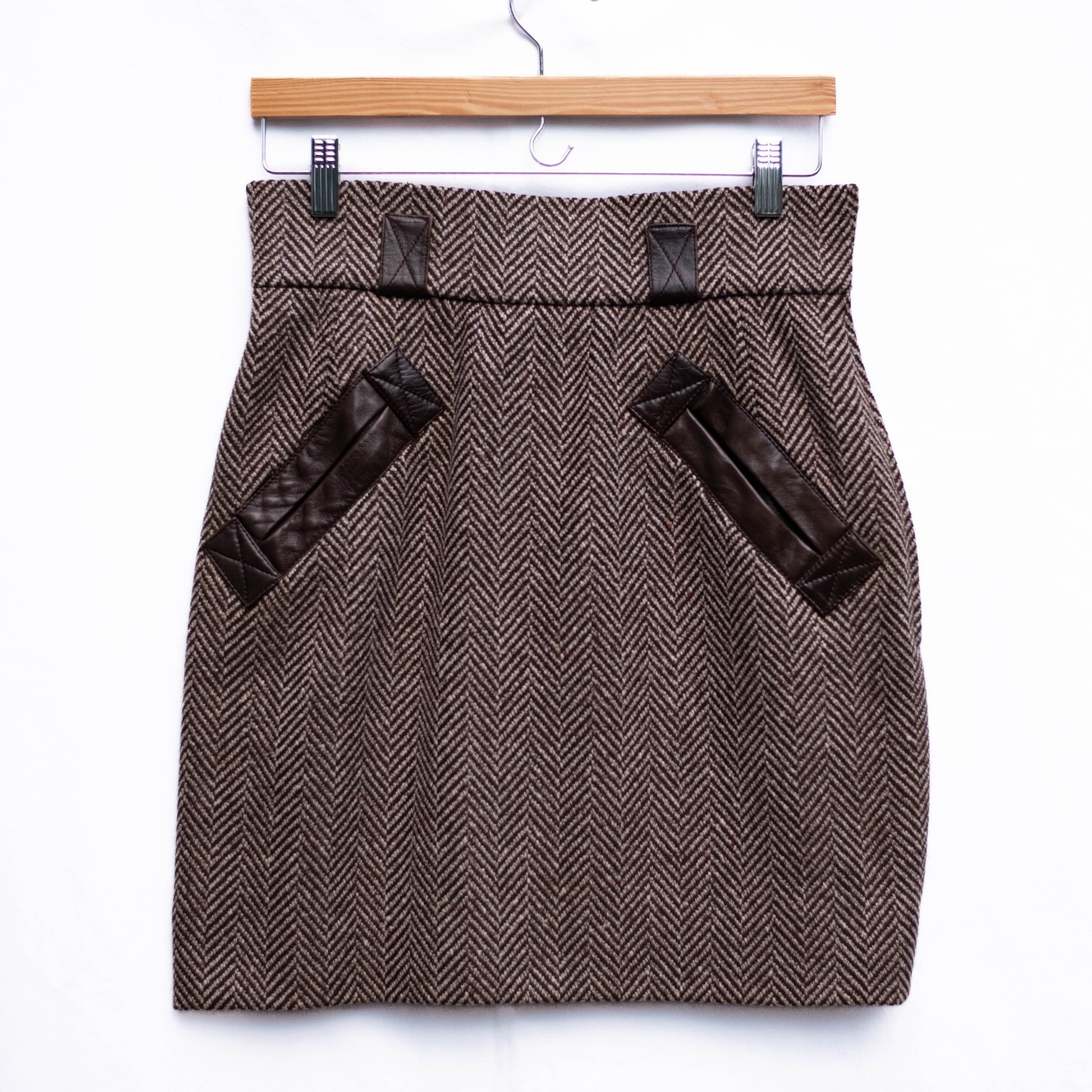 Saint Laurent Rive Gauche Wool Leather Mini Skirt 42 France Brown Chevron Vtg